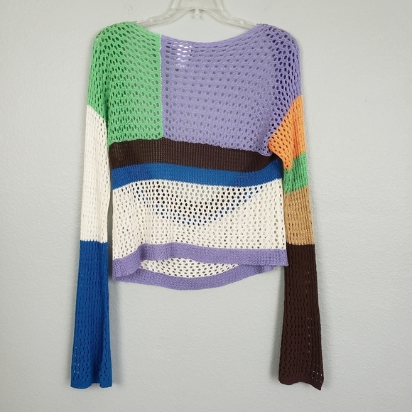EARTHBOUND Open Knit Colorful Long Flare Sleeve Crop Top Sz XXL Boho Hippie - Picture 5 of 6